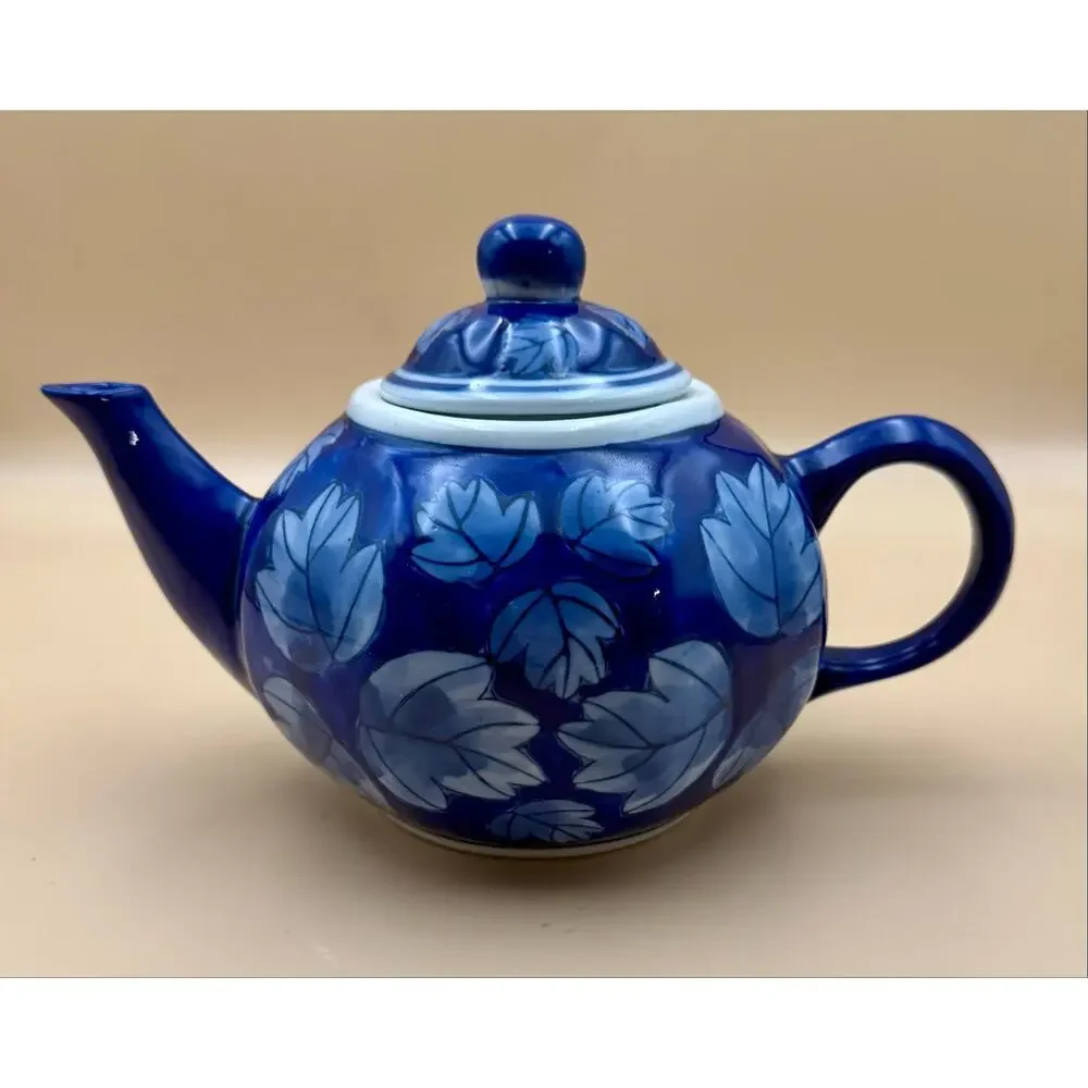 DesignPac Cobalt Blue Leaf 3-Pc Tea Set Teapot Sugar Bowl Creamer China